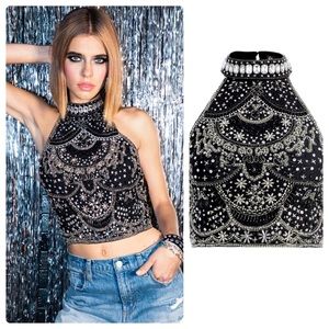 ALICE + OLIVIA Gatz Embellished High Neck Crop Top